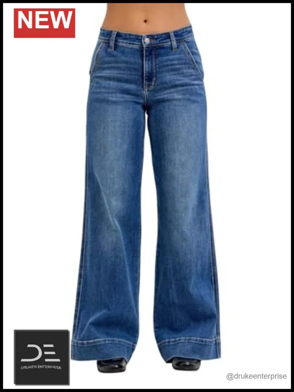 Mid Rise Trouser Style Wide Leg Jeans Stretch Denim 30 Inseam